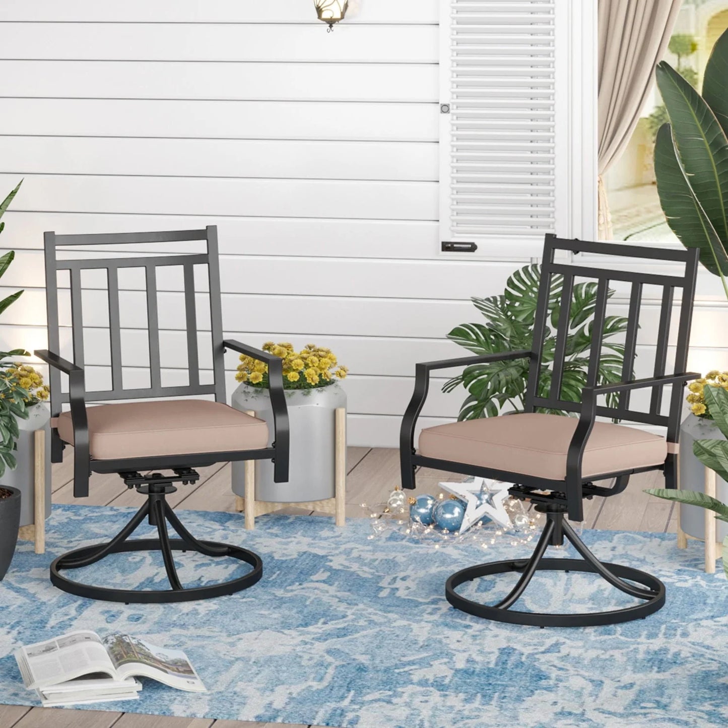Sophia & William Set of 2 Outdoor Patio Dining Chairs Metal Swivel Chairs with Beige Cushions