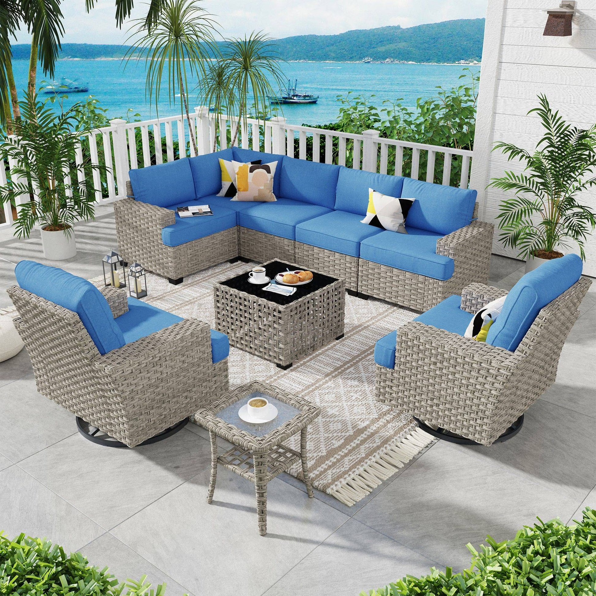 Ovios 9 Pieces Outdoor Patio Furniture with Swivel Chairs High-Back All-Weather Rattan Wicker Conversation Set Outdoor Sectional with Solar Light Coffee Table