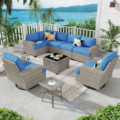 Ovios 9 Pieces Outdoor Patio Furniture with Swivel Chairs High-Back All-Weather Rattan Wicker Conversation Set Outdoor Sectional with Solar Light Coffee Table