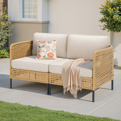 Swpormundo 6 Piece Wicker Patio Furniture Set,Outdoor Conversation Sectional Sofa w/Coffee Table,All-Weather Outdoor Sofa with Thick Cushions for Deck,Poolside,Garden,Beige
