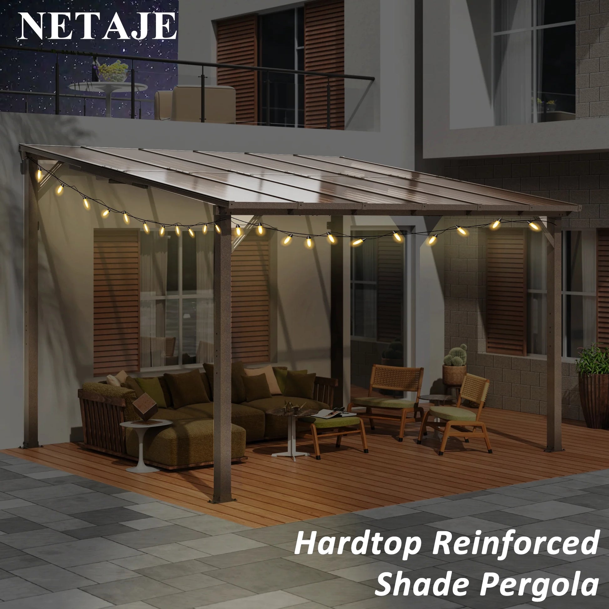 NETAJE 10'x14' Gazebo, Outdoor Wall Mounted Gazebo & Pergola with Aluminum Frame for Patio, Porch and Backyard