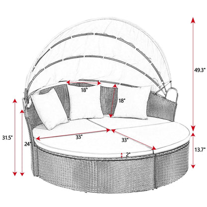 Lacoo Outdoor Patio Round Daybed with Retractable Canopy Wicker Furniture Sectional Seating with Washable Cushions for Patio Backyard Porch Pool Daybed Separated Seating (Beige)