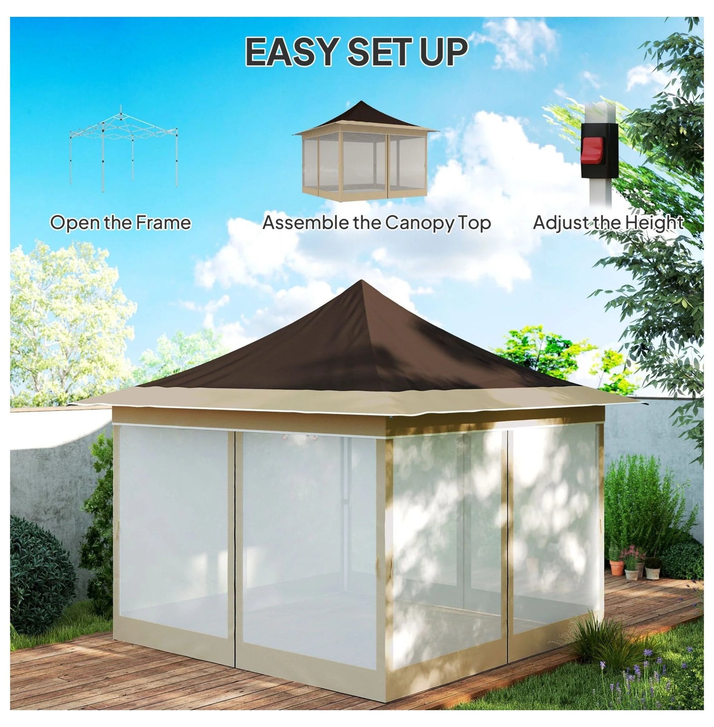 12x12 Pop Up Canopy Tent with Mesh Netting, UPF50+ Sun Shelter - Brown Patio Gazebo with Carry Bag