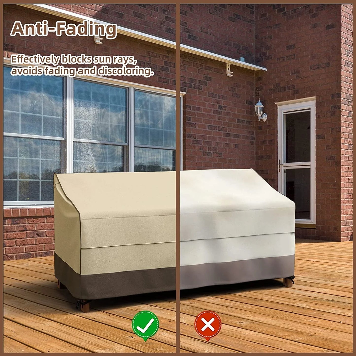 Waterproof Outdoor Couch Cover, 600D Heavy Duty 3-Seater Patio Sofa Cover, 80-Inch Patio Furniture Covers with Large Air Vent (80" x 38" x 35", Brown & Khaki)