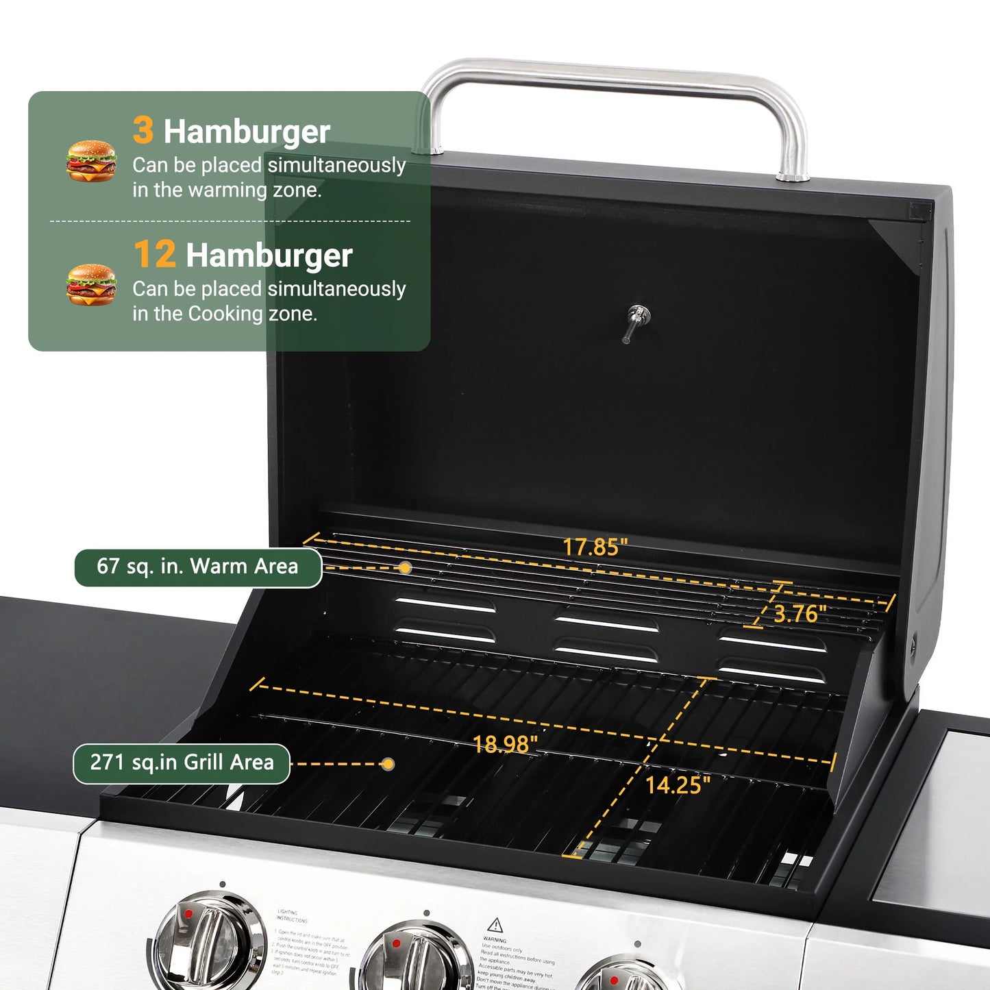 40000 BTU Propane Gas Grill, 3 Burner Barbecue Grill with Side Burner, Built-in Thermometer and 2-in-1 Side Table, Portable Stainless Steel Grill for Outdoor BBQ, Camping, Patio