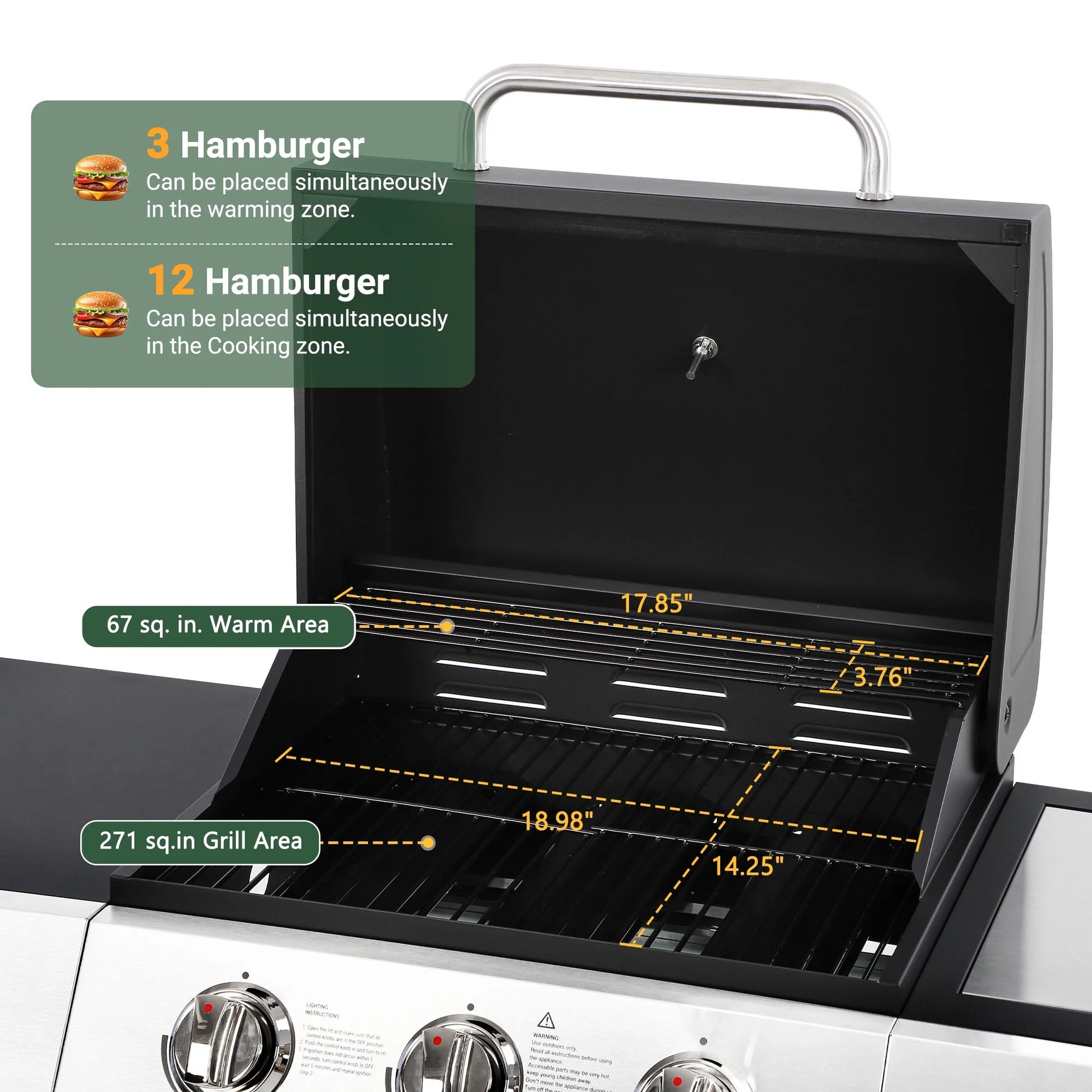 40000 BTU Propane Gas Grill, 3 Burner Barbecue Grill with Side Burner, Built-in Thermometer and 2-in-1 Side Table, Portable Stainless Steel Grill for Outdoor BBQ, Camping, Patio