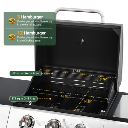 40000 BTU Propane Gas Grill, 3 Burner Barbecue Grill with Side Burner, Built-in Thermometer and 2-in-1 Side Table, Portable Stainless Steel Grill for Outdoor BBQ, Camping, Patio