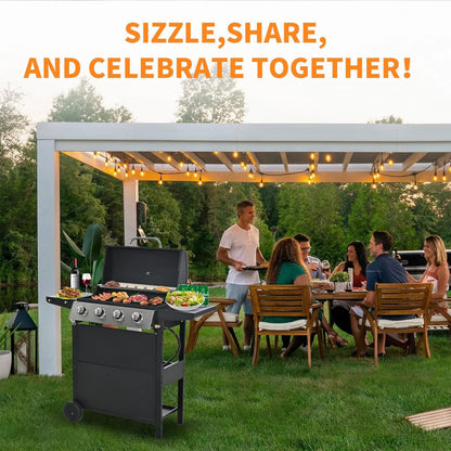 Furnibear 4 Burner BBQ Propane Gas Grill, Stainless Steel 34,000 BTU Patio Garden Barbecue Grill with Two Foldable Shelves