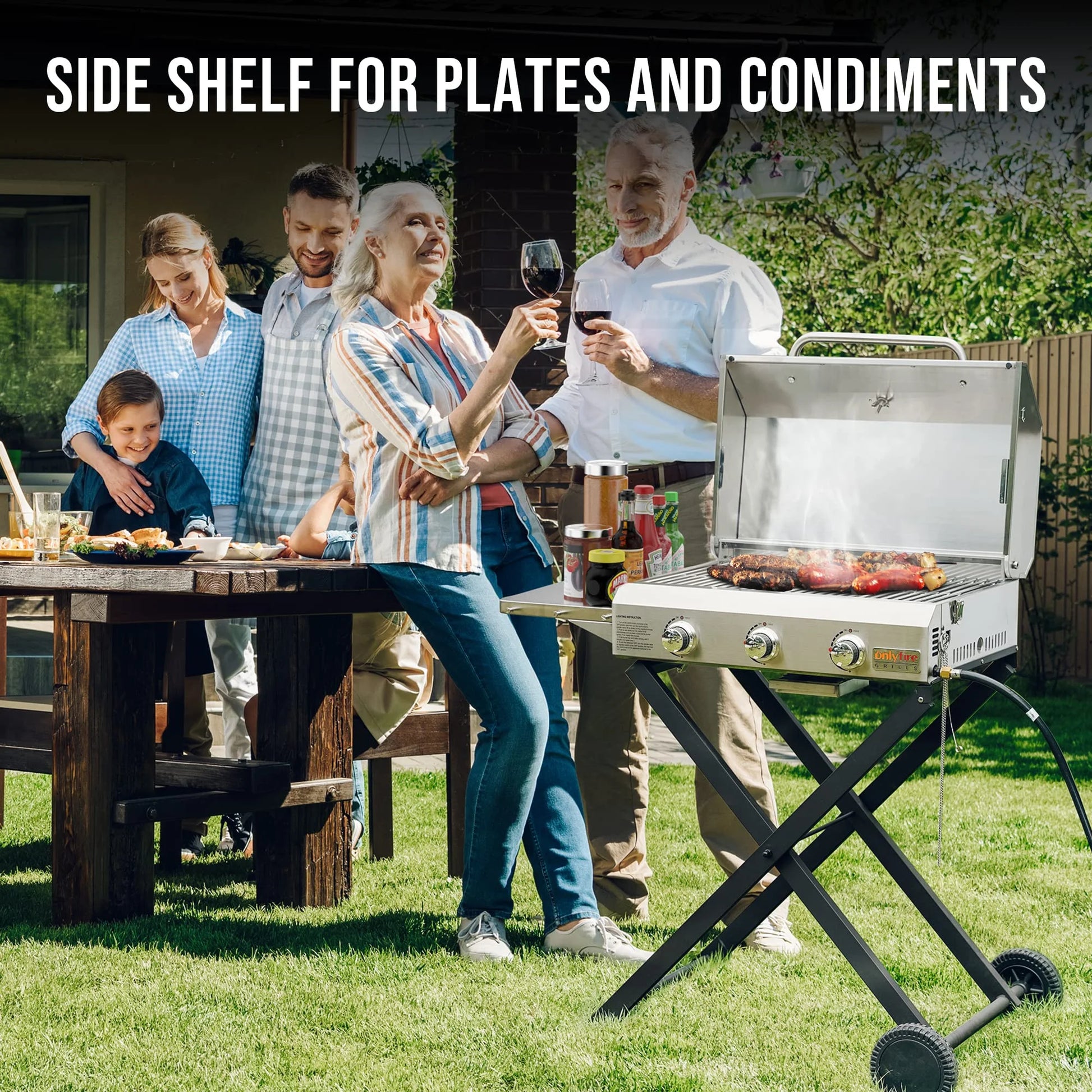 Hitechluxe 3-Burner Propane Gas Grill with Foldable Cart, Lid & Side Table for Outdoor Patio Backyard Barbecue Camping Tailgating RV Trip, Stainless Steel