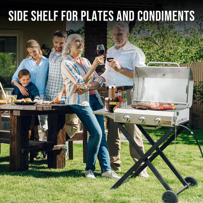 Hitechluxe 3-Burner Propane Gas Grill with Foldable Cart, Lid & Side Table for Outdoor Patio Backyard Barbecue Camping Tailgating RV Trip, Stainless Steel