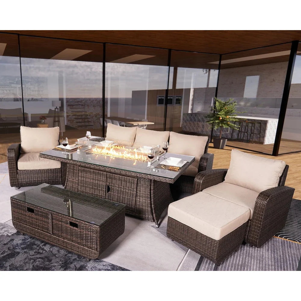 Direct Wicker 6-Piece Outdoor Patio Furniture Set with 72" Gas Propane Fire Pit Table Rattan Sectional Sofa Conversation Sets, Brown