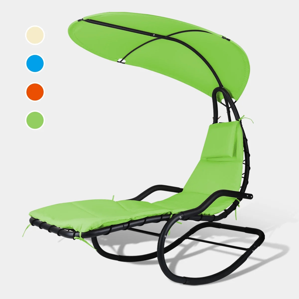 2X Rocking Hanging Lounge Chair - Curved Chaise Rocking Lounge Chair Swing For Backyard Patio w/Built-in Pillow Removable Canopy with stand {Green}