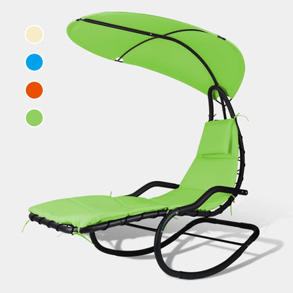 2X Rocking Hanging Lounge Chair - Curved Chaise Rocking Lounge Chair Swing For Backyard Patio w/Built-in Pillow Removable Canopy with stand {Green}
