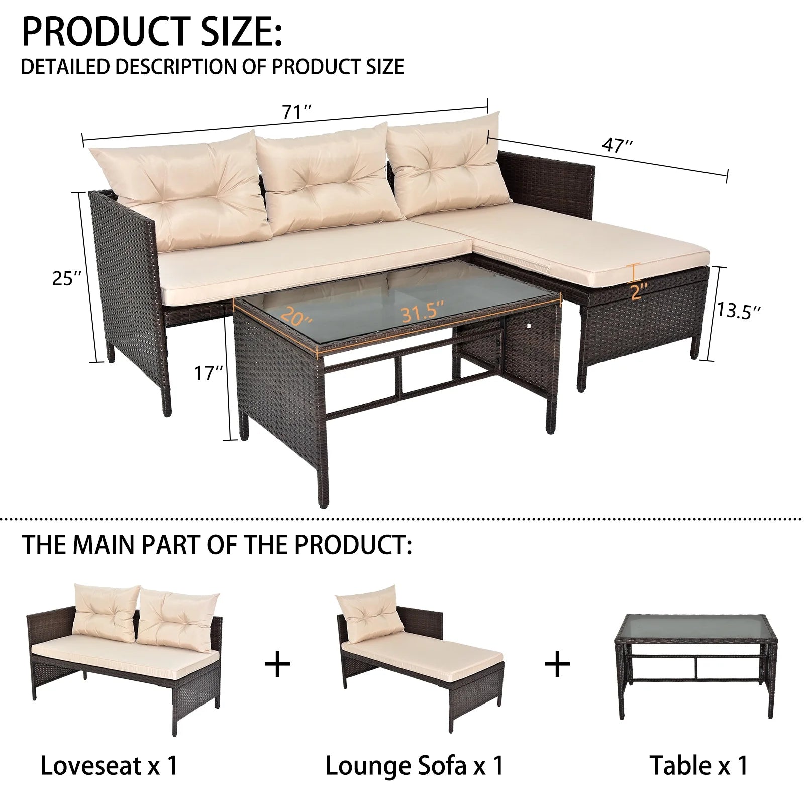 Outdoor Patio Furniture Set of 3, Rattan Wicker Outdoor Swivel Glider Rocker w/Table and Cushions, Brown