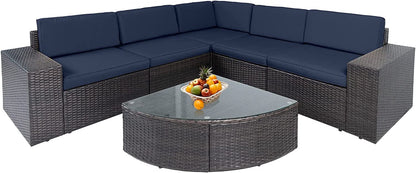 SOLAURA 6-Piece Patio Furniture Outdoor Conversation Set Patio All-Weather Wicker Sectional Sofa with Glass Coffee Table and Brown Cushions