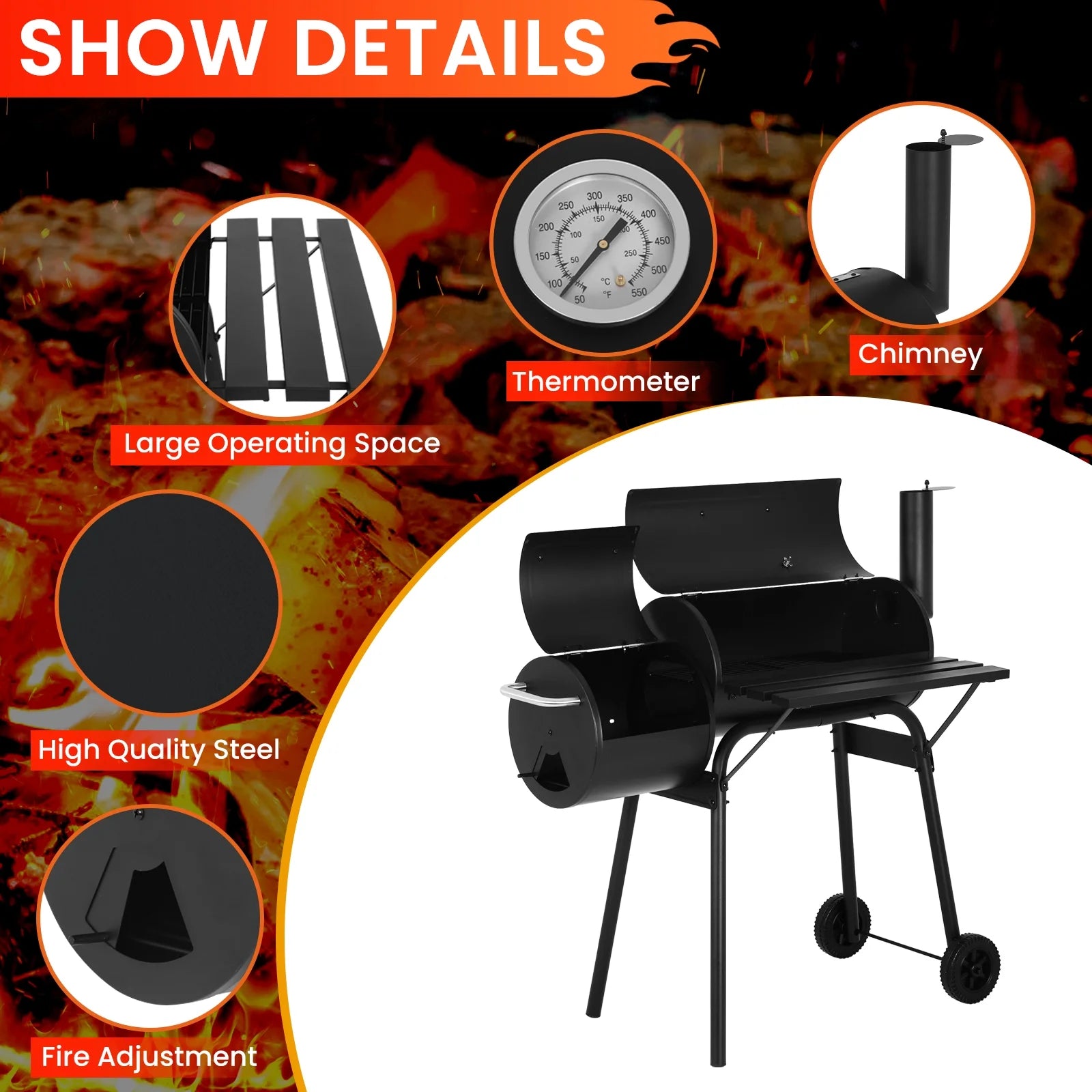 BIQWBIC 43? Charcoal Grill with Offset Smoker - Heavy Duty BBQ Grill for Backyard, Camping & Patio, Portable Charcoal Grills with Temperature Gauge & Wheels, Fits 6-10 People