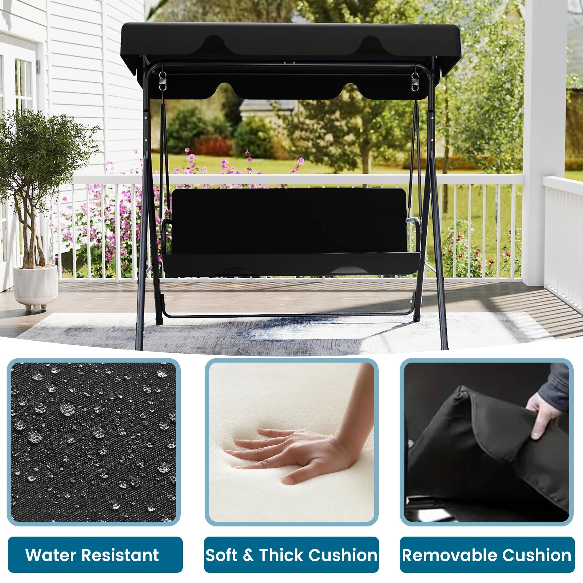 Melocadol 3 Seats Outdoor Porch Swing Glider, Patio Swing Chair with All Weather Covered Canopy and Rust Proof Heavy Duty Stand, for Garden, Lawn, or Backyard, Black