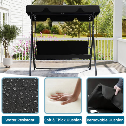 Melocadol 3 Seats Outdoor Porch Swing Glider, Patio Swing Chair with All Weather Covered Canopy and Rust Proof Heavy Duty Stand, for Garden, Lawn, or Backyard, Black