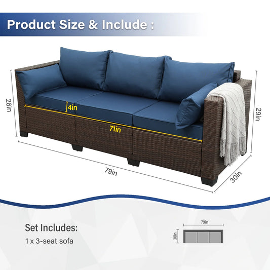 3-Seat Patio Wicker Sofa Outdoor Rattan Couch Furniture Steel Frame with High Back NO-Slip Cushioned, Blue