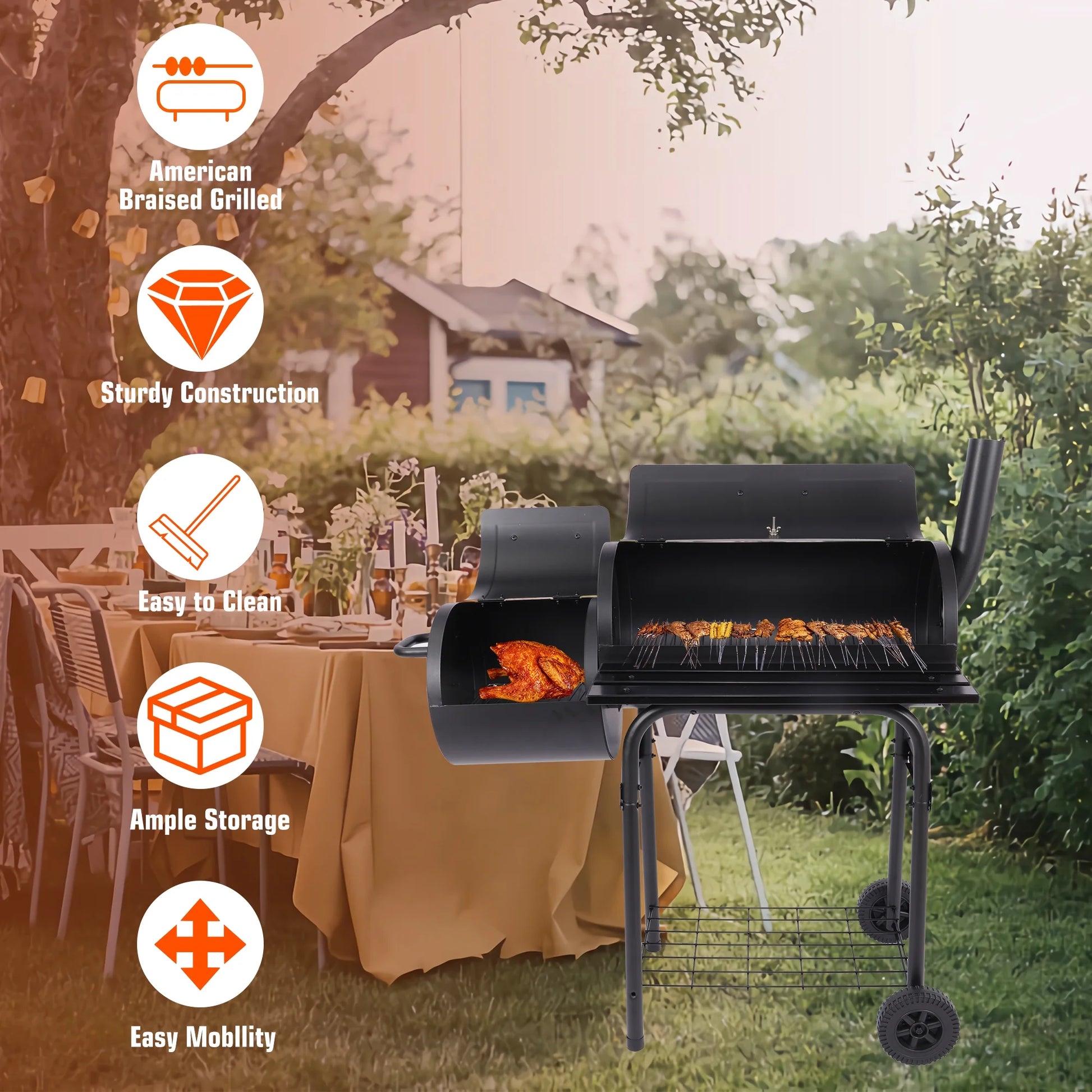 YouLoveIt BBQ Charcoal Grill Portable Barbecue Grill Offset Smoker Barbecue Oven with Wheels for Outdoor Picnic Camping Patio Backyard