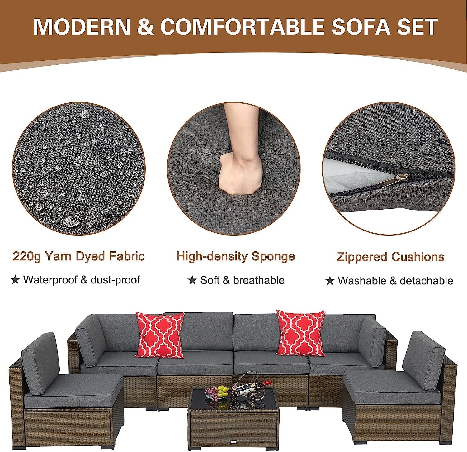 Kinbor 7pcs Outdoor Patio Rattan Wicker Furniture Sectional Sofa Set with Gray Cushions