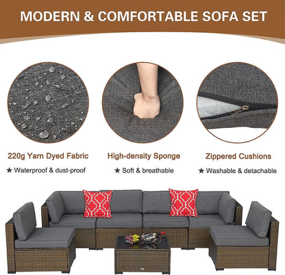 Kinbor 7pcs Outdoor Patio Rattan Wicker Furniture Sectional Sofa Set with Gray Cushions