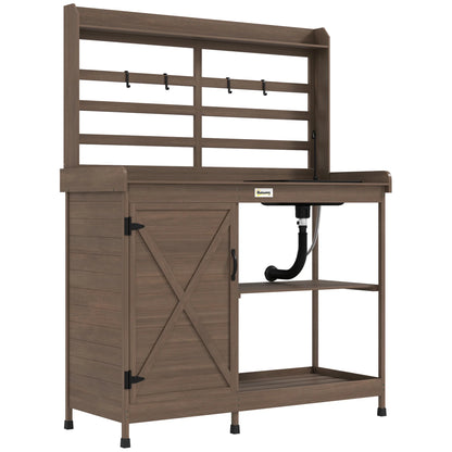 Outsunny Wooden Potting Bench, Outdoor Potting Table with Storage Cabinet, Storage Shelves, Sink, Water Tap for Backyard, Patio, Balcony, Dark Brown