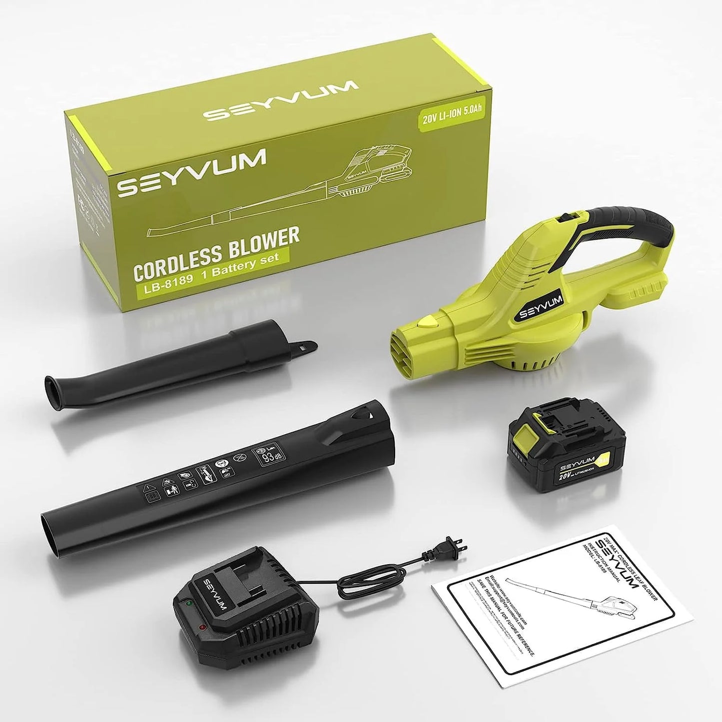 Leaf Blower, SEYVUM 20V 5.0 Ah Battery Cordless Leaf Blower, 2 Speed Electric Leaf Cleaner for Lawn Care, 320CFM 150MPH Blower for Patio, Garden, Cars & Depot, Fast Charger Included
