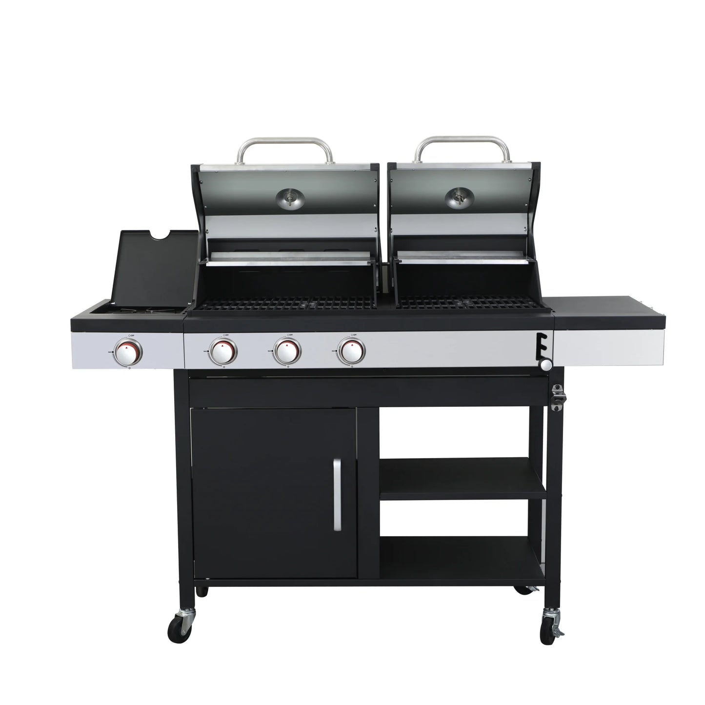 Dual Fuel Outdoor Grill 3 Burner Propane & Charcoal Combo with Side Burner & Porcelain Cast Iron Grates, 37,230 BTUs High-Performance BBQ Grill for Patio Backyard Cooking