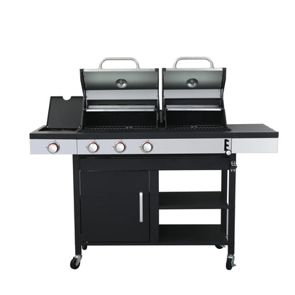 Dual Fuel Outdoor Grill 3 Burner Propane & Charcoal Combo with Side Burner & Porcelain Cast Iron Grates, 37,230 BTUs High-Performance BBQ Grill for Patio Backyard Cooking