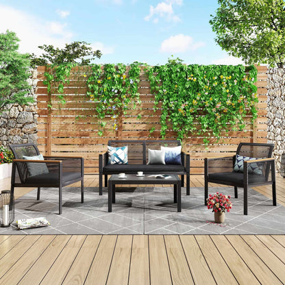 SUNTONE Patio Furniture Sofa Set - 4 Piece All Weather Wicker Outdoor Conversation Set, Rattan Chairs and Table, Black