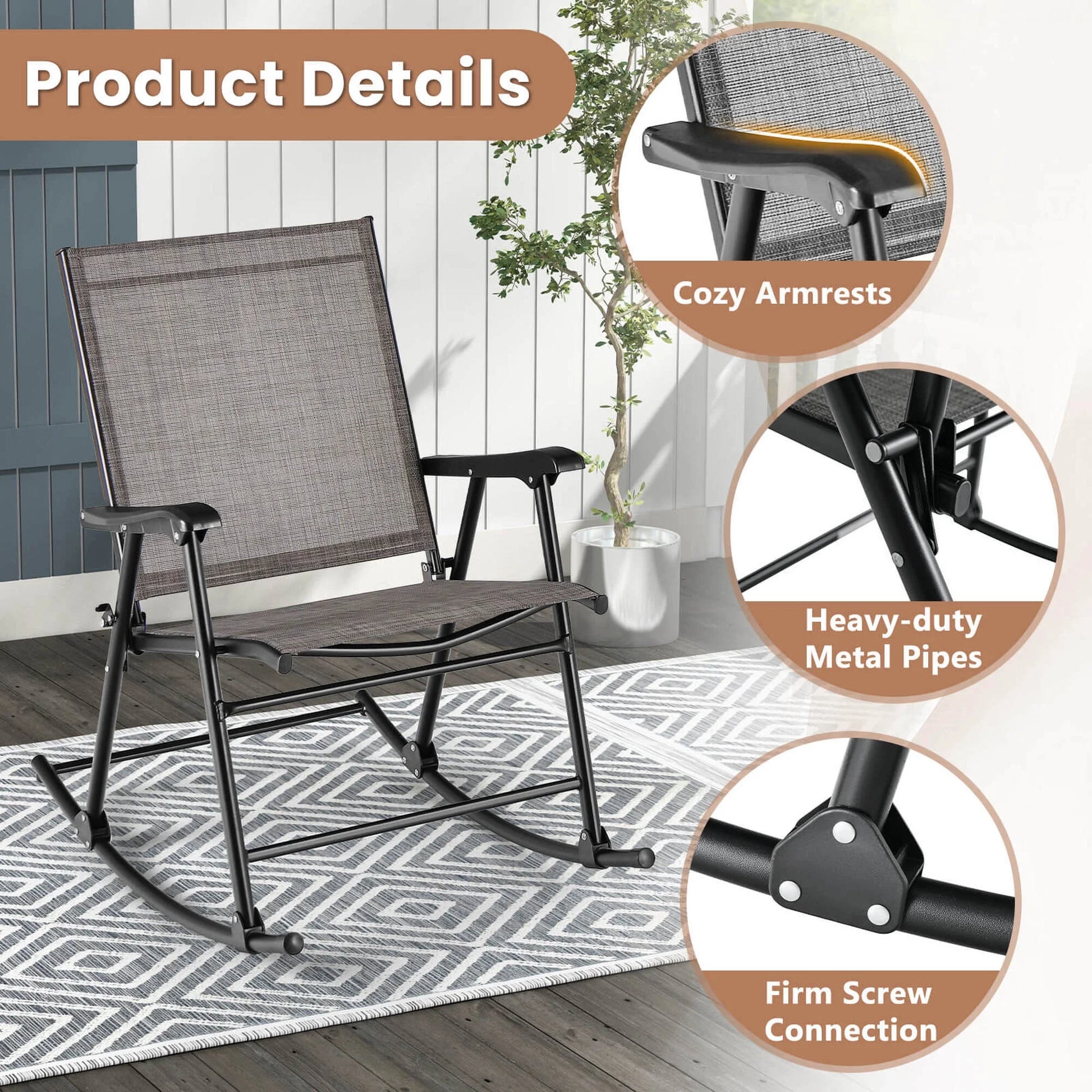 Costway 2pcs Patio Folding Rocking Chair Heavy-Duty Metal Frame Rockers Outdoor Brown