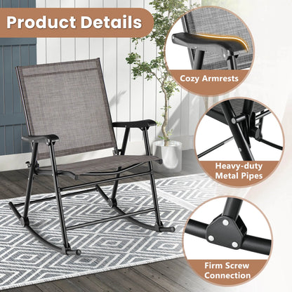 Costway 2pcs Patio Folding Rocking Chair Heavy-Duty Metal Frame Rockers Outdoor Brown