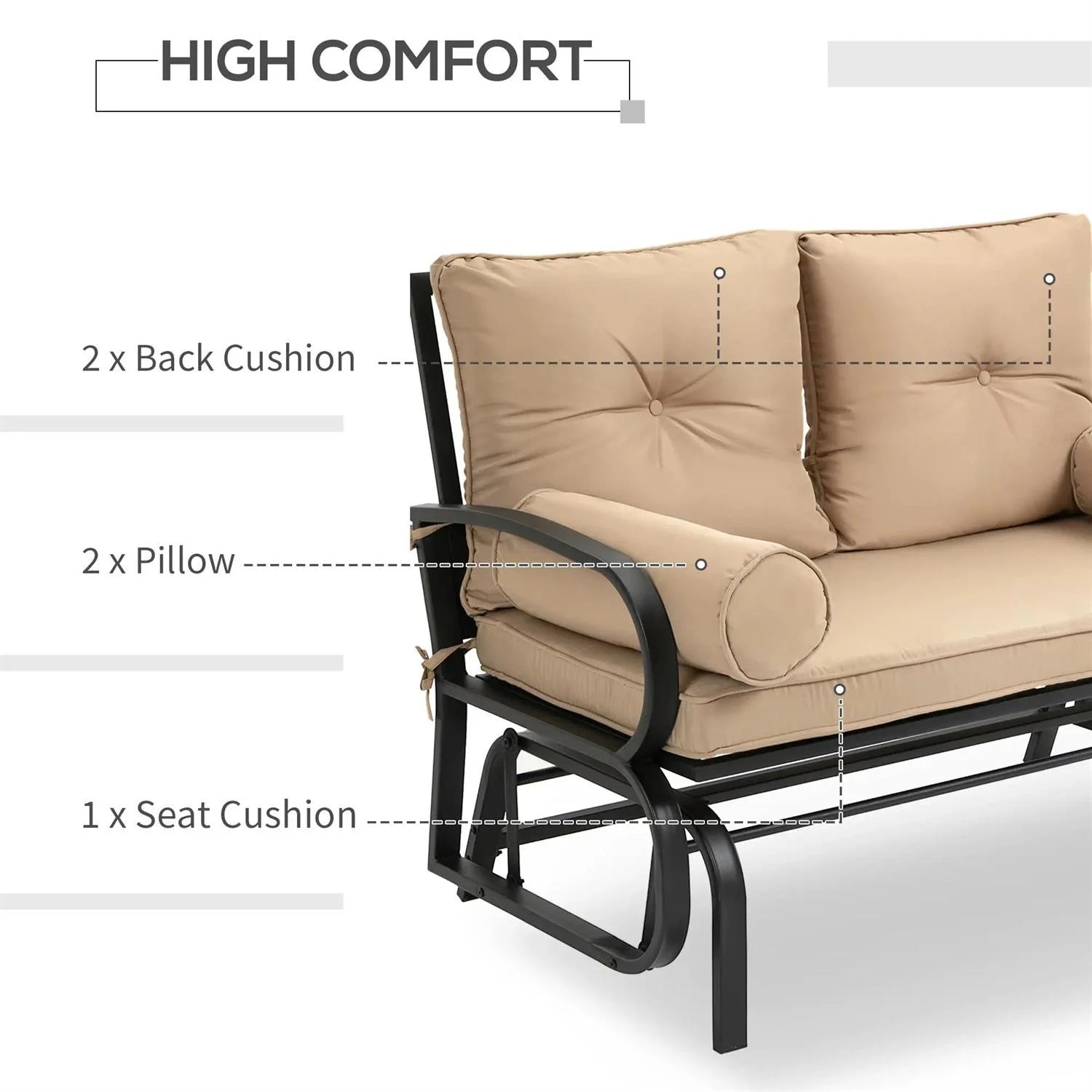 Demi Bonn Outdoor Glider Chairs Swing Glider Rocking Chair, Double Patio Bench, 2 Person Loveseat with Steel Frame, Cushions, Pillow Armrests, Beige