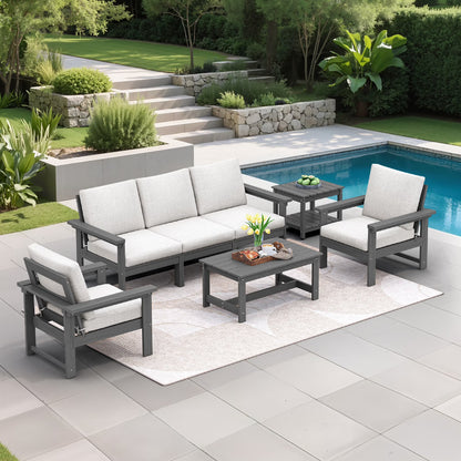 SERWALL Outdoor Patio Furniture Set, 7-Piece HDPE Outdoor Sofa Set Patio Conversation Set, Black Frame with Beige Cushions