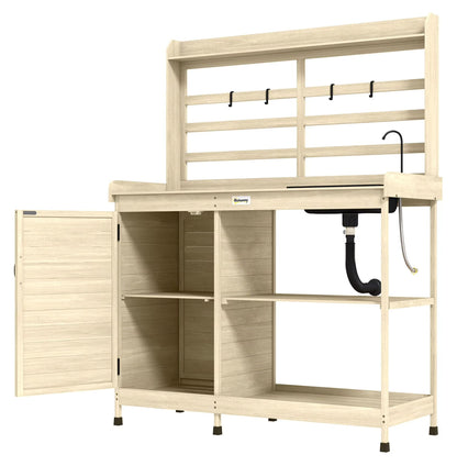 Wooden Potting Bench with Storage, Sink & Tap - Outdoor Gardening Station for Patio, Backyard, Balcony - Natural Finish