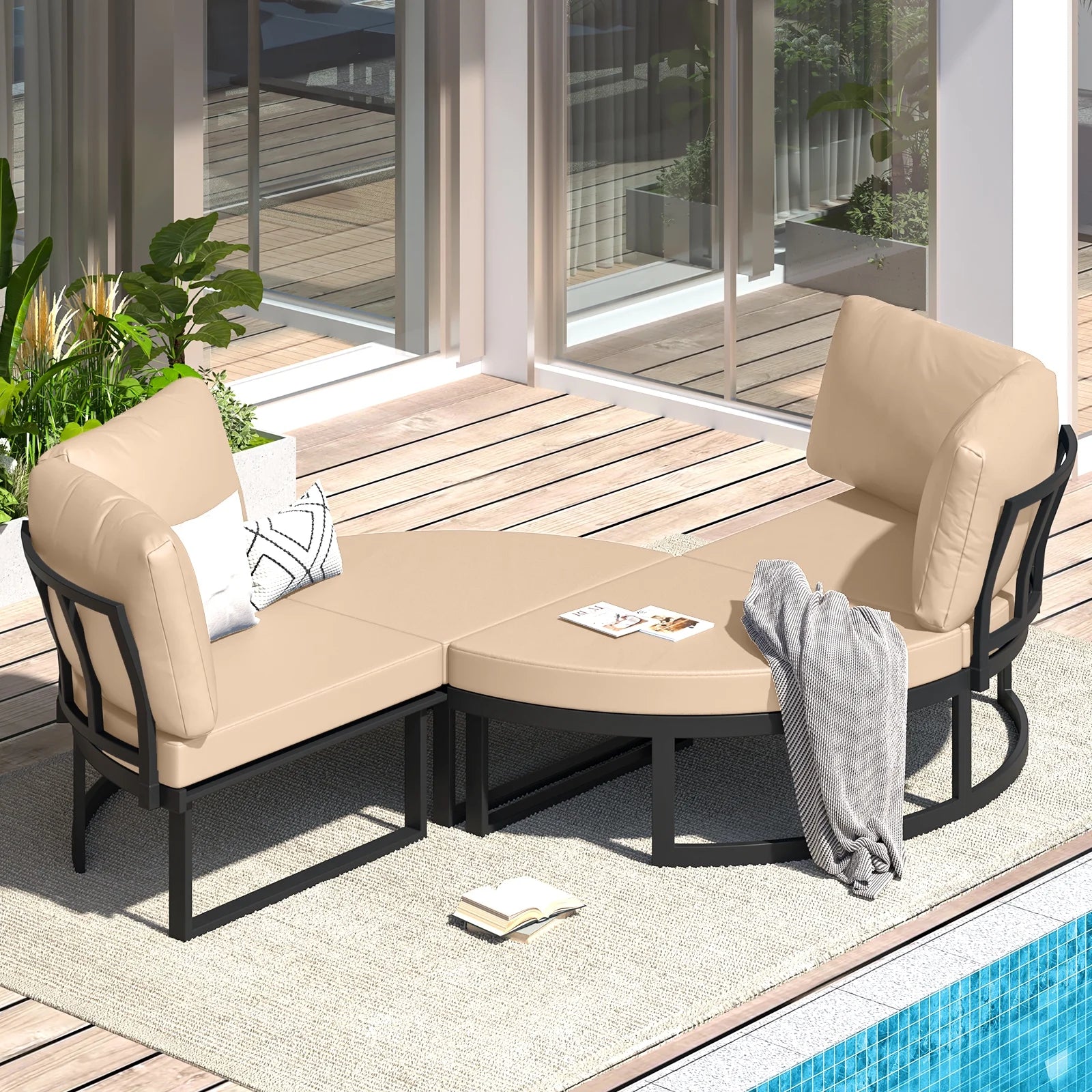 AECOJOY Metal Patio Furniture Set 73" Outdoor Conversation Set Patio Sectional Sofa Couch with Removable Cushions in Beige