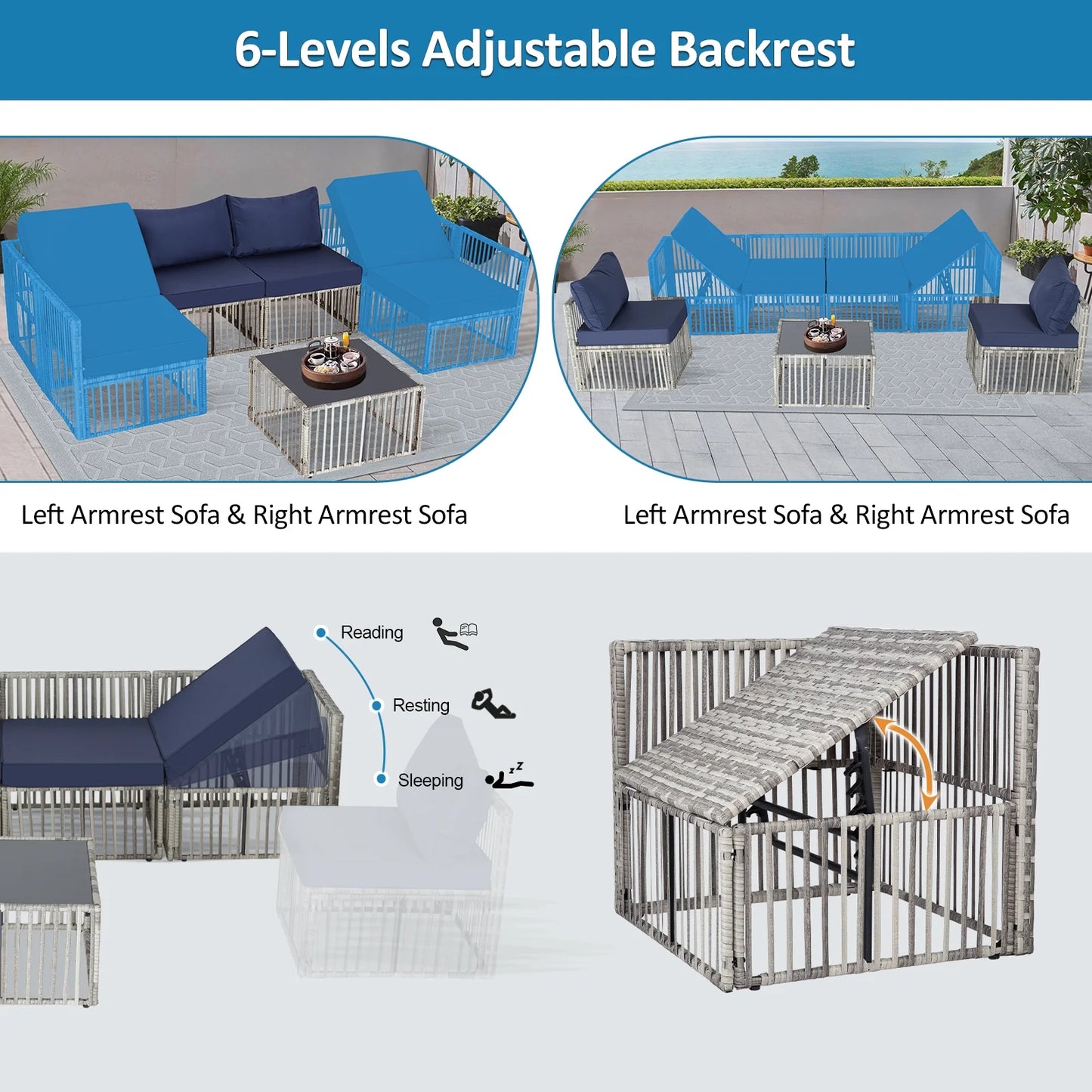 7 Pieces Outdoor Patio Furniture Set, Wicker Outdoor Sectional Conversation Couch Set with Adjustable Backrest Sofa, Cushions & Coffee Table for Outside,Garden,Deck,Gray Wicker/Gray Cushions