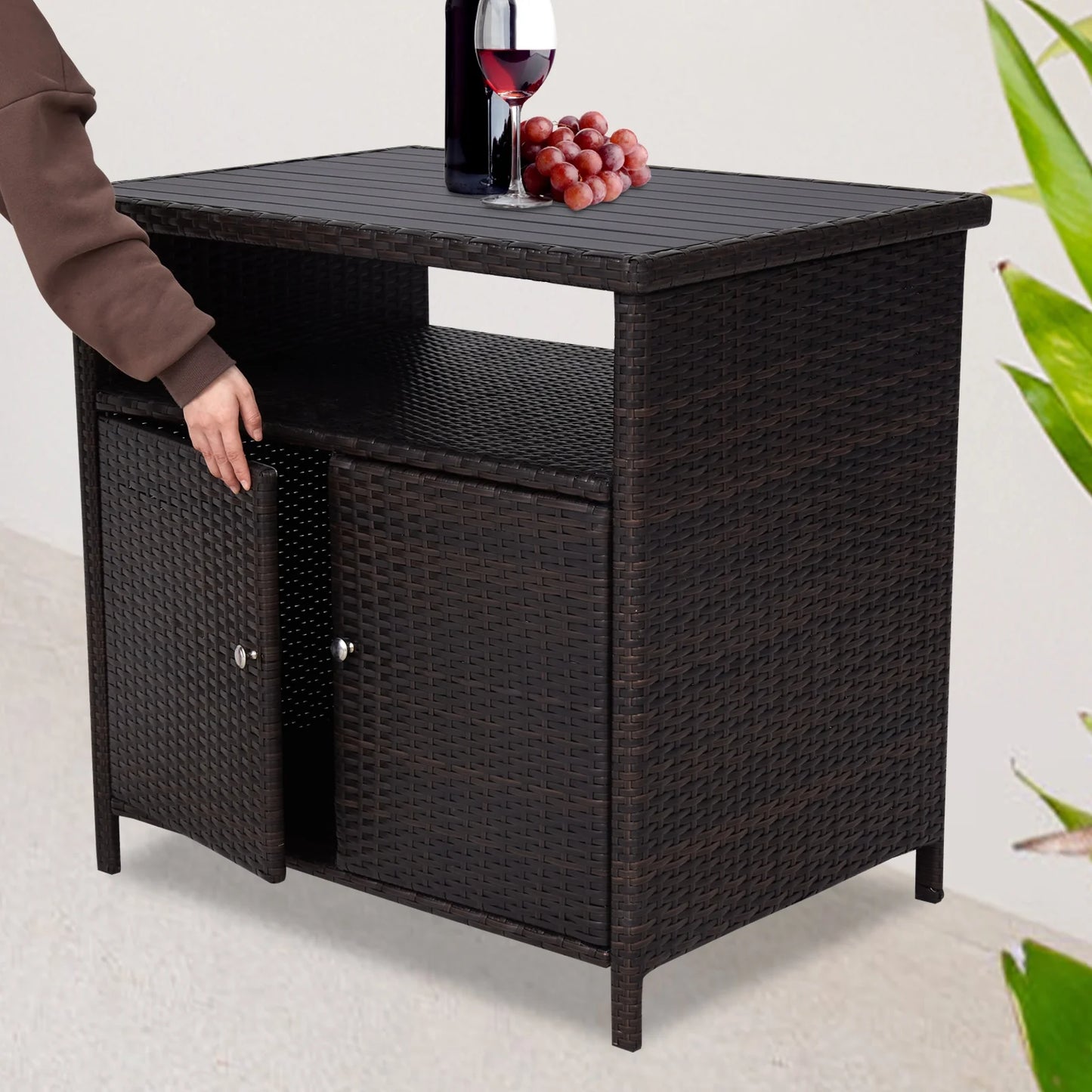 Kinbor Outdoor Wicker Storage Cabinet, Patio Bar Tables with Two Doors & Shelves, Weatherproof Storage Console Table, Dark Brown