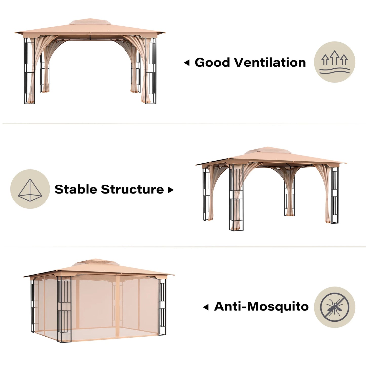 LAUSAINT HOME Patio Gazebo 13'x11',Heavy Duty Gazebos Shelter Party Tent with Double Roofs, Mosquito Nettings for Backyard, Garden, Lawn,(Khaki)