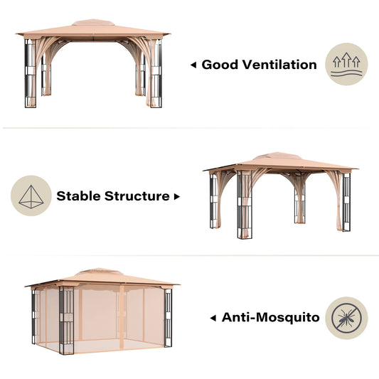 LAUSAINT HOME Patio Gazebo 13'x11',Heavy Duty Gazebos Shelter Party Tent with Double Roofs, Mosquito Nettings for Backyard, Garden, Lawn,(Khaki)