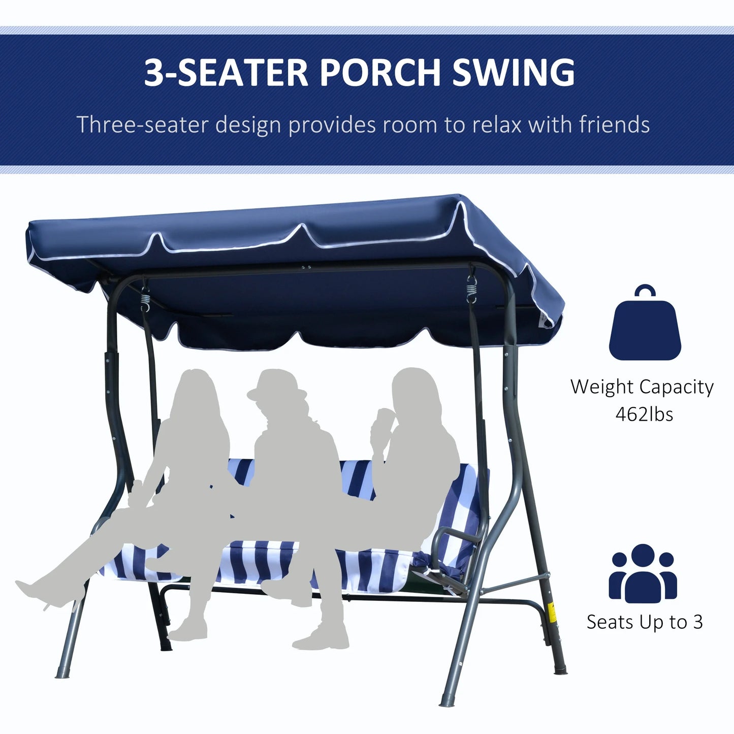 Outsunny Porch Swing with Canopy, 3-Person Patio Swing Chair, Dark Blue