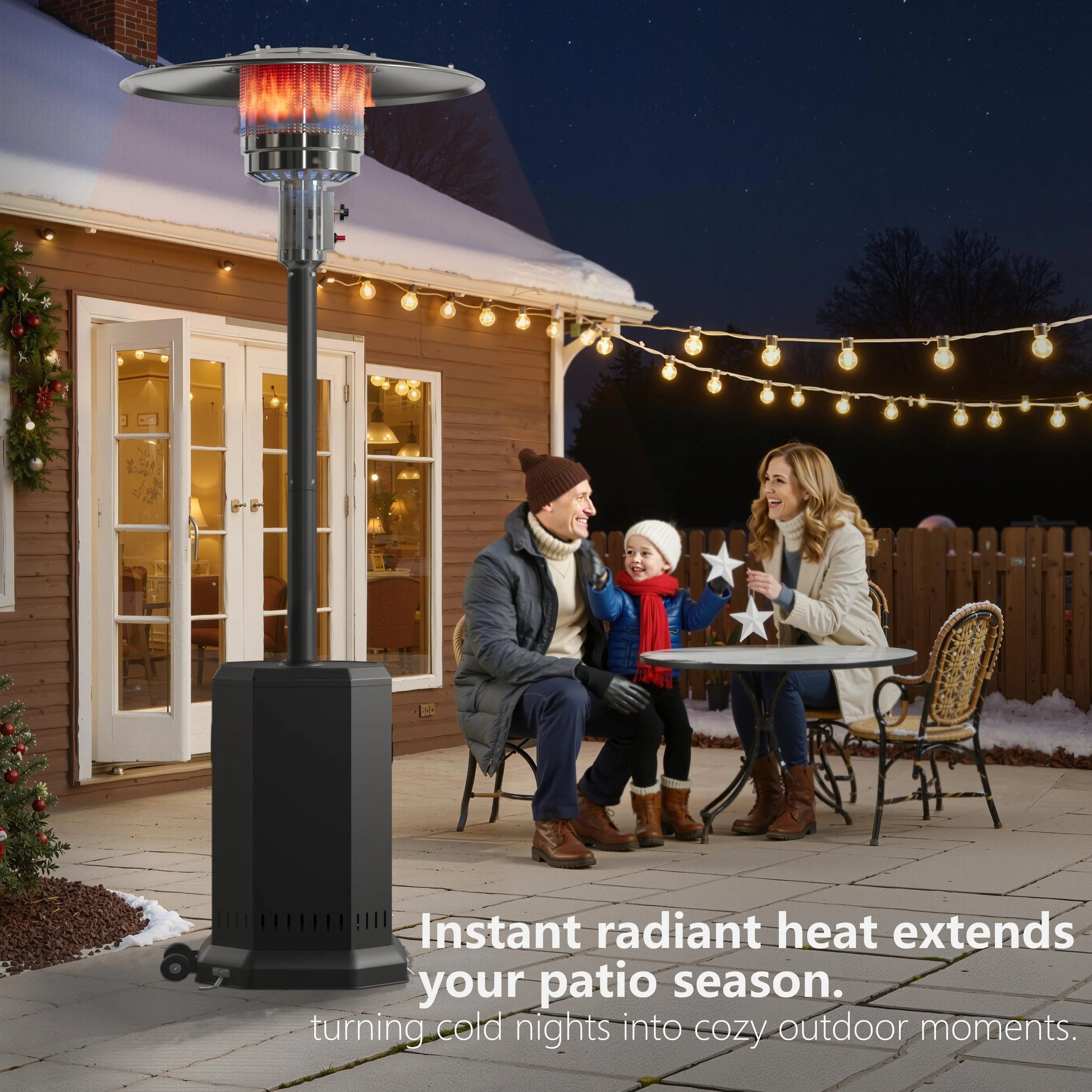 50,000 BTU Propane Patio Heater, Outdoor Heater with Table Design, 2025 Upgrade Stainless Steel Burner, and Wheels, Portable Heater for Home and Commercial, Gray