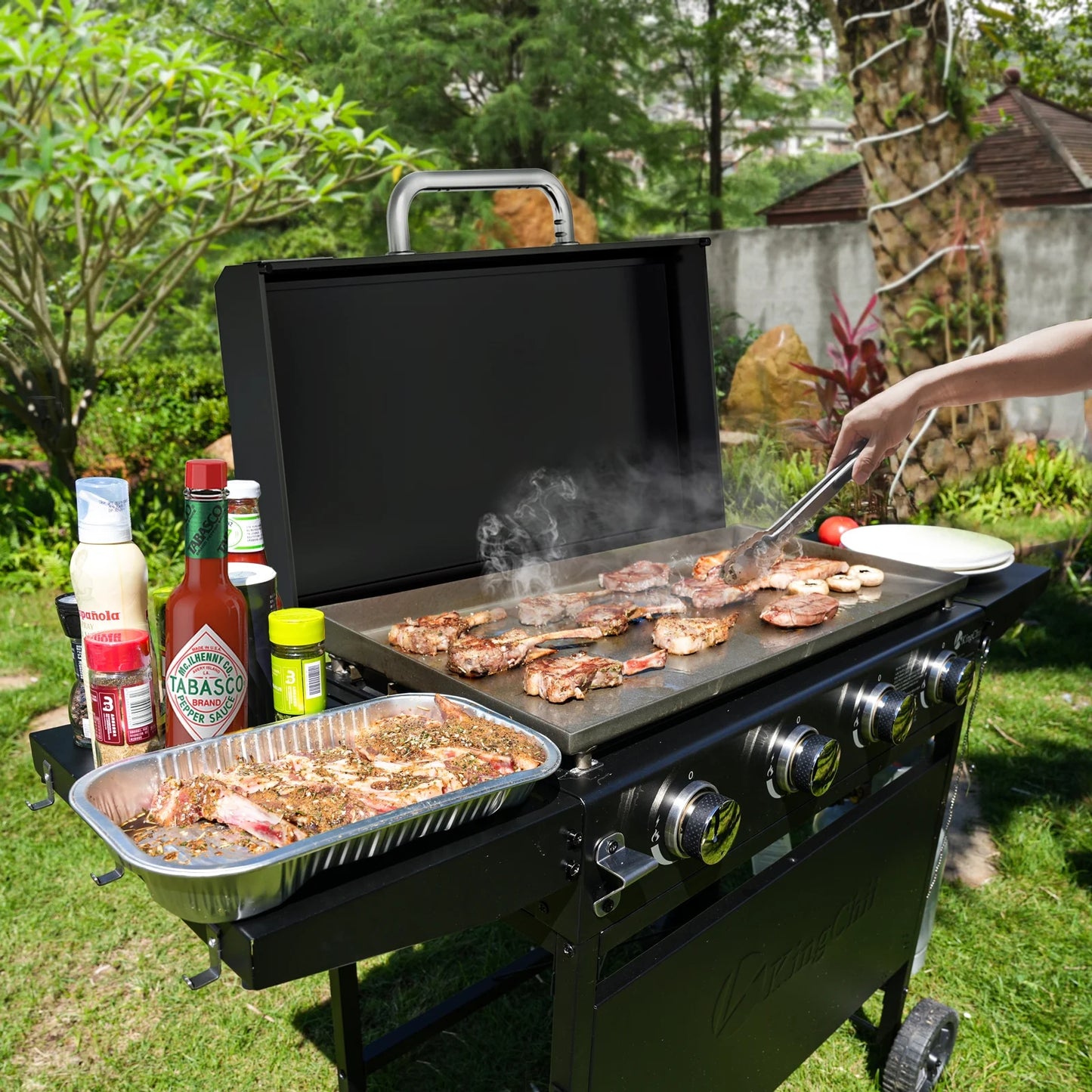 KingChii 4-Burner 32" Propane Griddle Outdoor Flat Top Gas Grill Griddle with Hard Cover for Camping, Tailgating, BBQ, Parties, Backyard & Patio