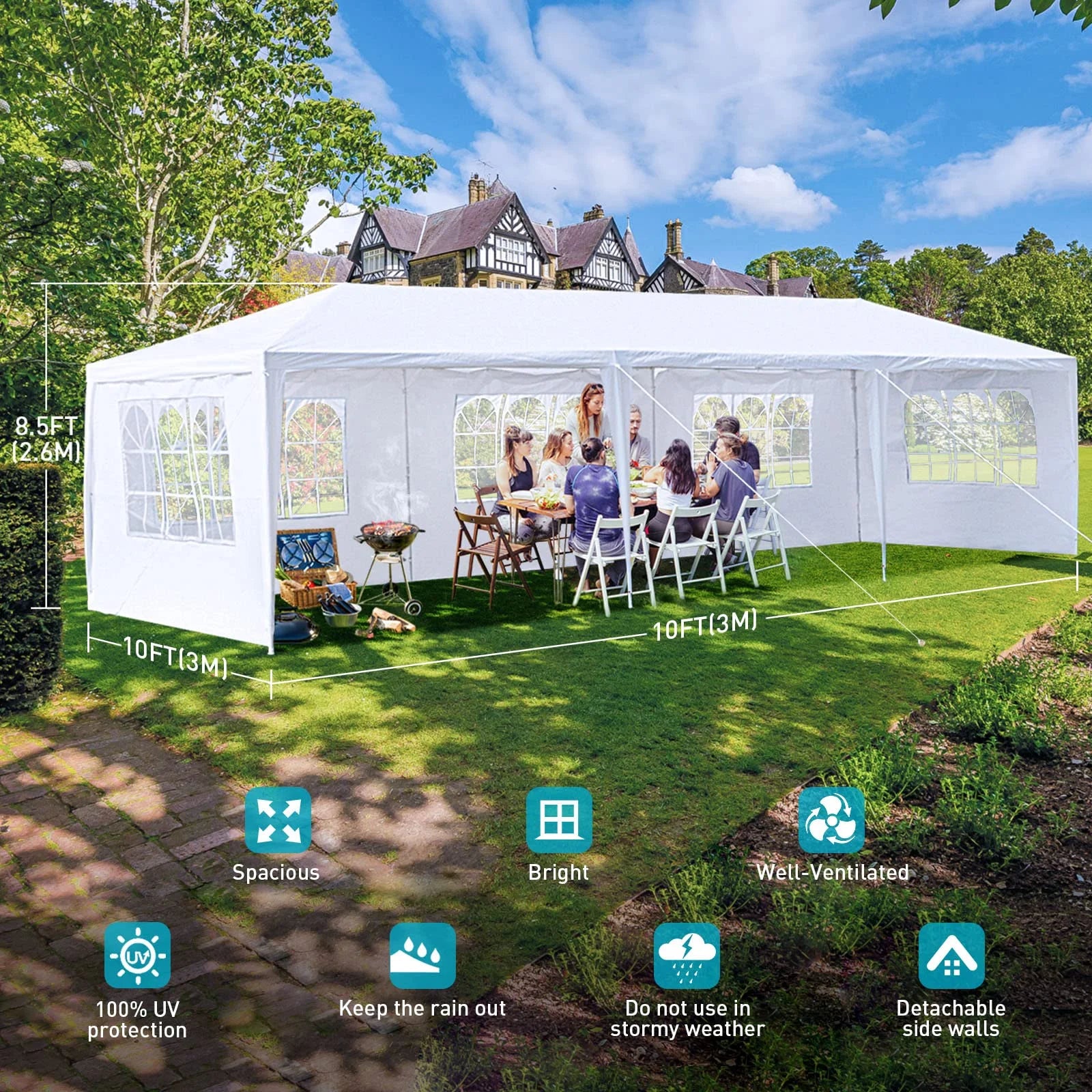 10'x30' Heavy Duty Outside Party Tent, Waterproof Event Tent for Beach Wedding Camping, Durable Outdoor Event Tent for Patio Garden BBQ Shelter, White