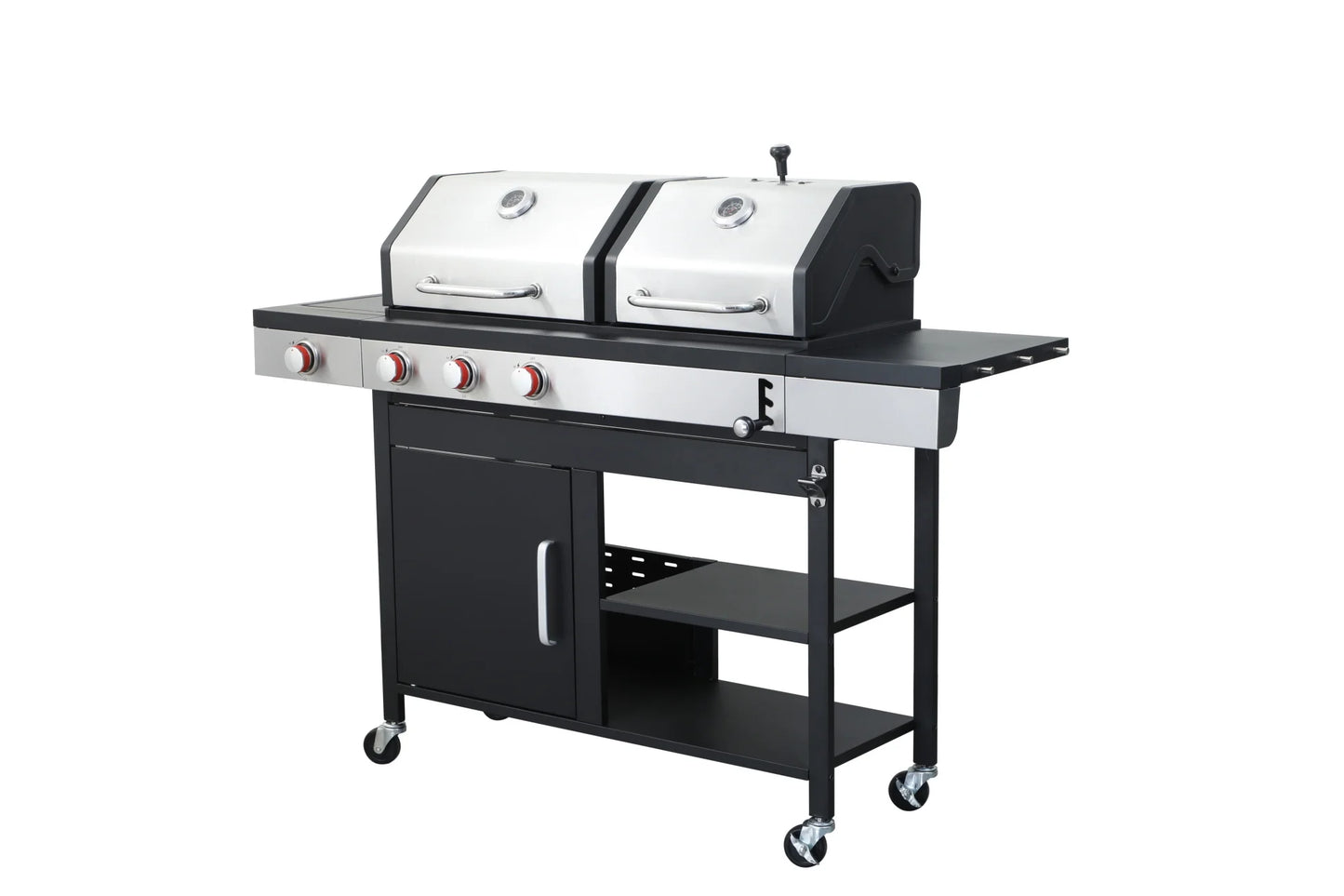 Dual Fuel Outdoor Grill 3 Burner Propane & Charcoal Combo with Side Burner & Porcelain Cast Iron Grates, 37,230 BTUs High-Performance BBQ Grill for Patio Backyard Cooking