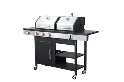 Dual Fuel Outdoor Grill 3 Burner Propane & Charcoal Combo with Side Burner & Porcelain Cast Iron Grates, 37,230 BTUs High-Performance BBQ Grill for Patio Backyard Cooking