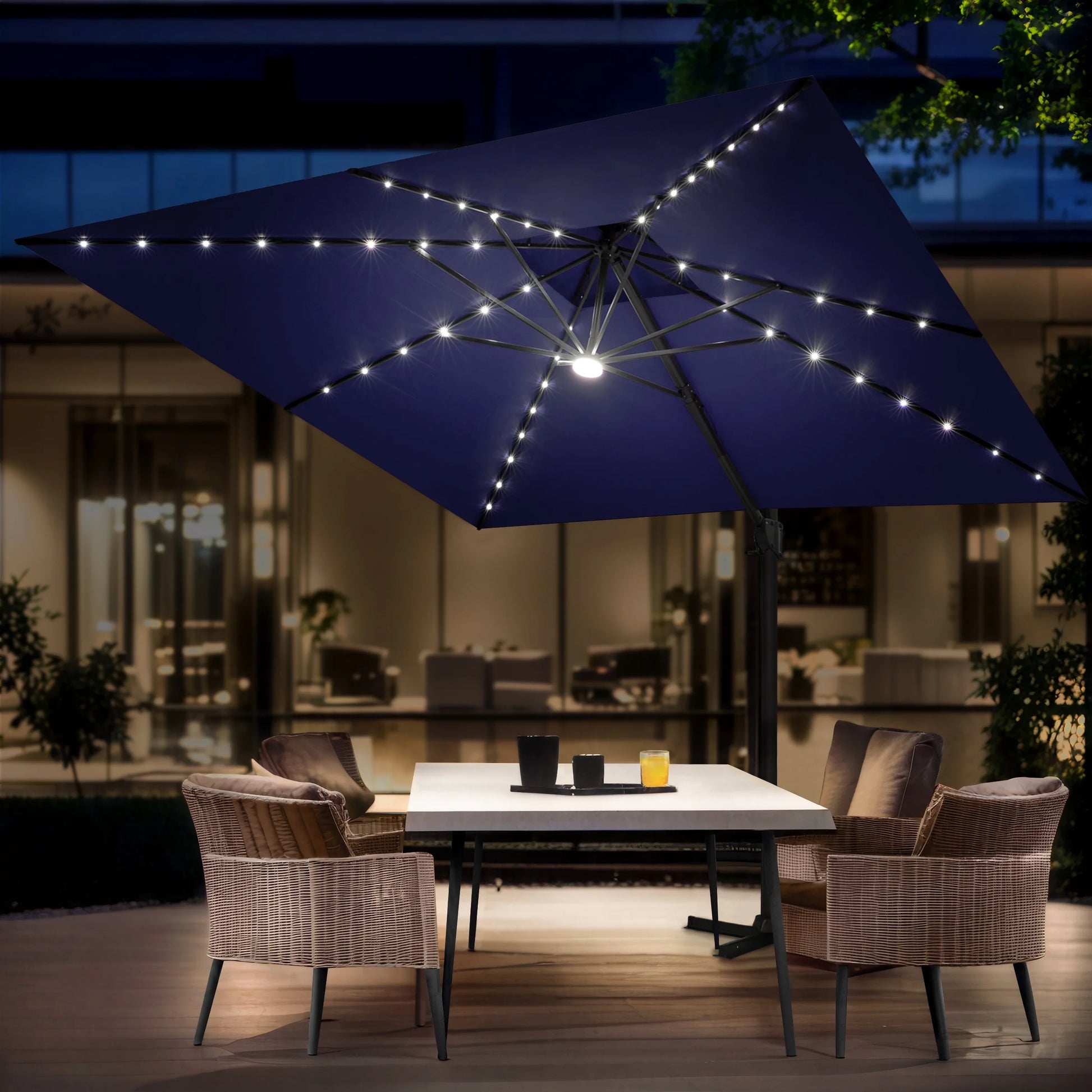 11FT Double Top Cantilever Umbrella Outdoor 360° Rotation 6 Heights Adjustable Offset Umbrella Metal Pole Cantilever Patio Umbrella With Light