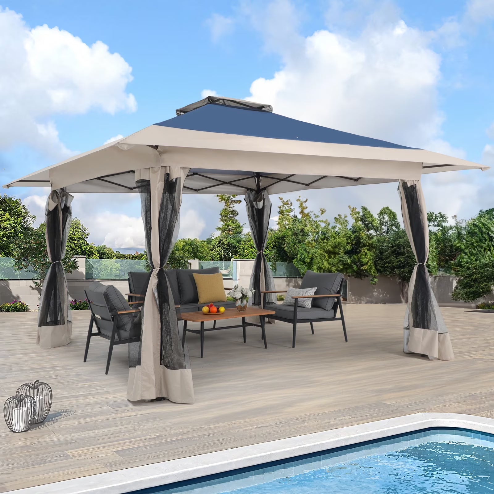 JOIVI 13'x13?Patio Gazebo, Outdoor Pop up Gazebo, Canopy Gazebo Tent Shelter with Mosquito Netting, Beige & Brown