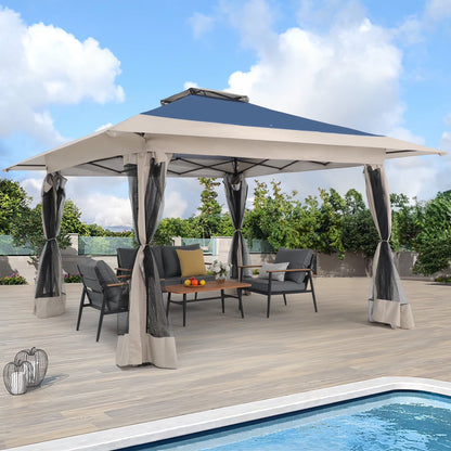 JOIVI 13'x13?Patio Gazebo, Outdoor Pop up Gazebo, Canopy Gazebo Tent Shelter with Mosquito Netting, Beige & Brown
